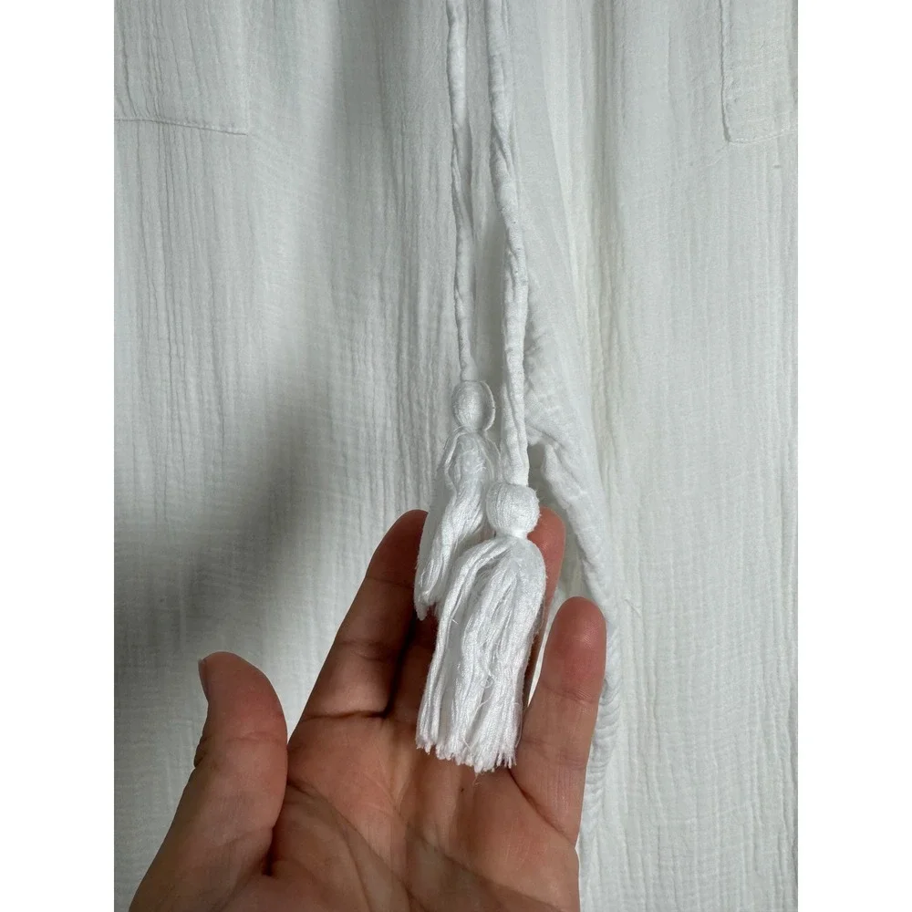Boho Japna Womens Large Lounge Pants White Cotton Gauze Tassel Wide Leg Cropped